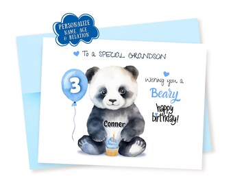 Personalized Panda Bear Watercolor Birthday Card: Custom Name, Age, and Relation