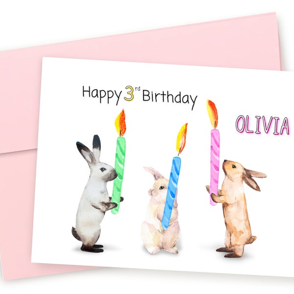 Personalized Third Birthday Card, 3rd Birthday Card, Kid Birthday Card, Bunnies, Birthday Candles, 3 Years Old, For Boy or Girl