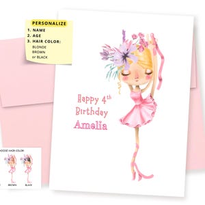 ANY AGE Personalized Ballet Dancer Ballerina Birthday Card, Ballet Birthday Card, Card For Dancer, Little Girl, Blonde, Brown, or Black Hair