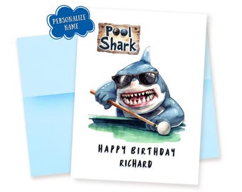 Personalized Pool Player Birthday Card: Watercolor Billiards Pool Shark, Custom Name