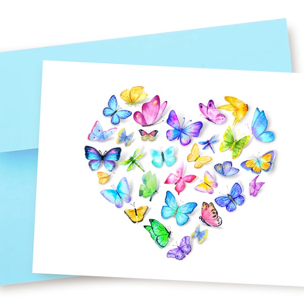 Butterfly Heart Card, Butterfly Card, Watercolor Butterfly Card, Dragonflies, Heart Card