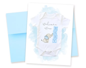 Watercolor Baby Boy Card: Elephant Onesie, New Baby Congratulations