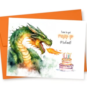 Personalized Fire Breathing Dragon Birthday Card: Watercolor, Glitter Detail