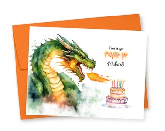 Personalized Dragon Birthday Card, Fire Breathing Dragon, Dragon Birthday, Card For Him, Card For Her, Fun Birthday Card, Animal Greeting