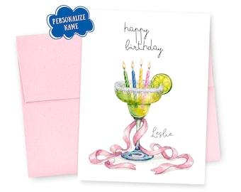 Personalized Watercolor Margarita, Birthday Candles, Pink Ribbon, Custom Greeting Card