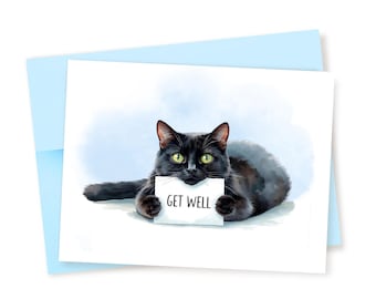 Watercolor Black Cat Holding Get Well Card