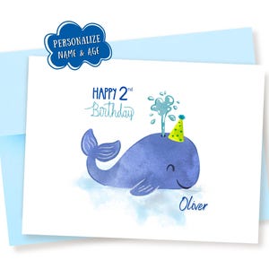 Personalized Spouting Whale Birthday Card: Watercolor Ocean Theme, Custom Name & Age
