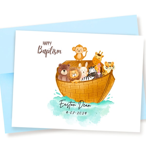 Personalized Baptism Card, Noahs Ark Baptism, Baptism Card Boy, Baptism Card Girl, Keepsake Baptism Cards, Cute Baptism Card, Christening