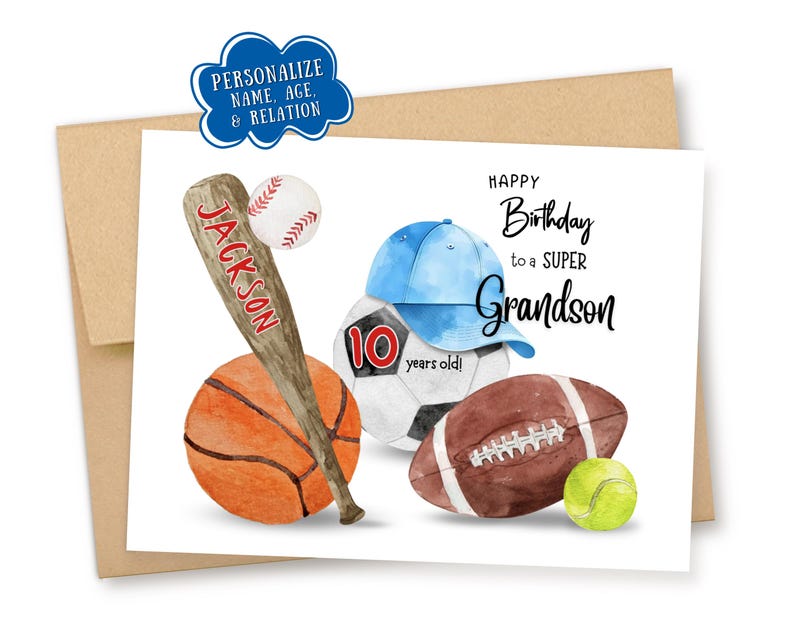 Personalized Sports Birthday Card: Custom Name, Age, & Relation Kraft Envelope