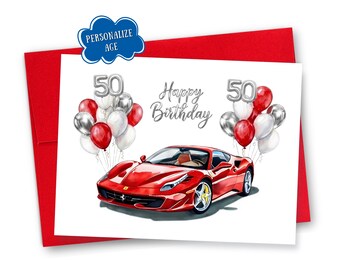 Red Ferrari Birthday Card: Watercolor Exotic Sports Car, Custom Age Balloons