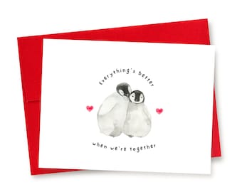 Watercolor Penguins Anniversary Card, Couples Love Card