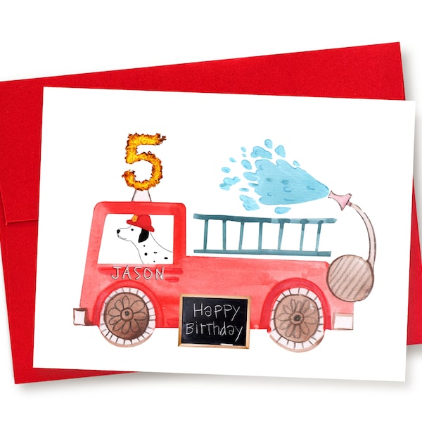 ANY AGE, Personalized Fire Truck Birthday Card, Fire Engine Card, Card For Boy, Boy Birthday Card, Son Grandson, Dalmation Dog, Fireman Card