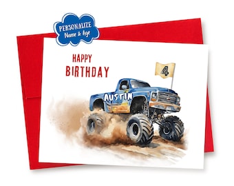 Personalized Watercolor Blue Monster Truck Birthday Card: Custom Name and Age