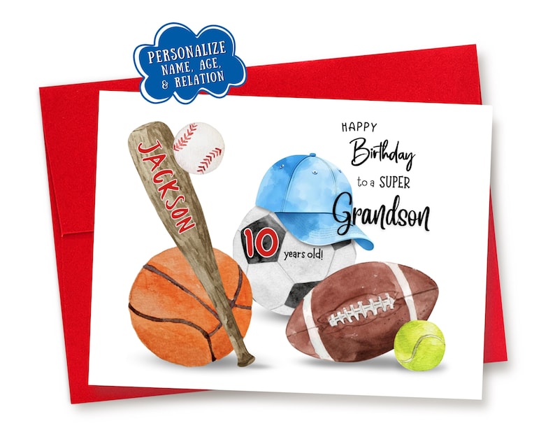 Personalized Sports Birthday Card: Custom Name, Age, & Relation Red Envelope