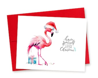 Watercolor Pink Flamingo with Santa Hat Christmas Card: Tropical Holiday Greeting
