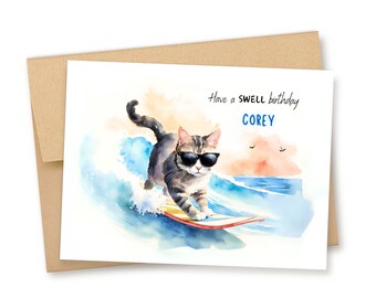 Personalized Surfer Birthday Card, Surfing Card, Ocean Card, Beach Birthday Card, Waves, Surfboard Card, Cat Surfing Card, Cool Cat Card