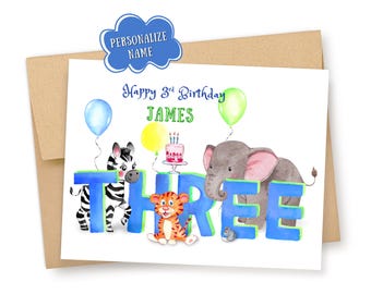 Personalized 3rd Birthday Card: Watercolor Zoo Animals, Zebra, Elephant, Tiger, Three Year Old
