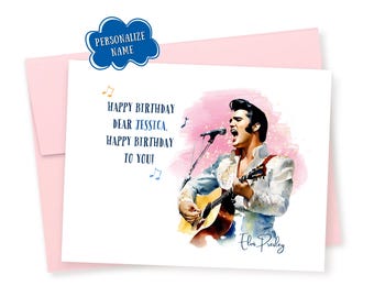 Personalized Watercolor Elvis Presley Happy Birthday Card: Custom Name