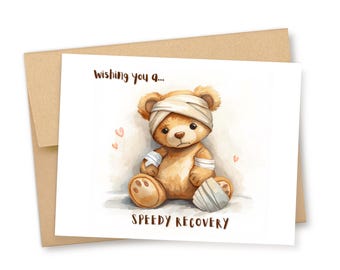 Watercolor Teddy Bear in Bandages, Speedy Recovery Wishes Greeting Card