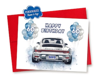 Personalized Porsche Sports Car Birthday Card: Custom Name and Age