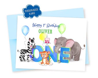 Personalized 1st Birthday Card: ONE Year Old, Watercolor Animals, Zebra, Tiger, Elephant