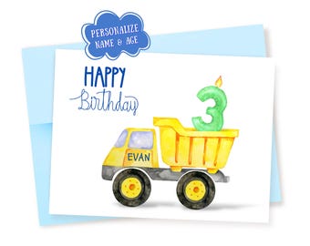 Personalized Watercolor Dump Truck Birthday Card: Choose Custom Age Candle 1-9