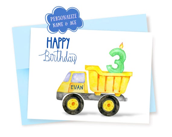 Personalized Watercolor Dump Truck Birthday Card: Choose Custom Age Candle 1-9