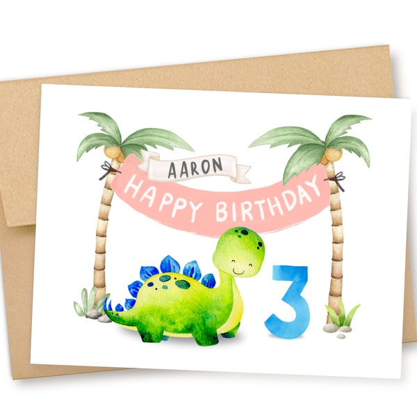 ANY AGE, Personalized Dinosaur Birthday Card, Dinosaur Card, Cute Kids Birthday Card, Boy Birthday Card, Girl Birthday Card, Birthday Banner