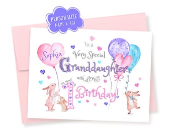 Personalized Granddaughter Birthday Card: Watercolor Bunny Rabbits, Balloons, Hearts, Custom Name & Age