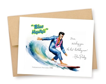 Personalized Elvis Birthday Card: Watercolor Blue Hawaii, King of Rock and Roll, Surfing