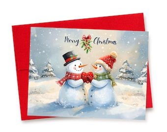 Snowman Couple Mistletoe Merry Christmas Card: Watercolor Holiday Greeting Card