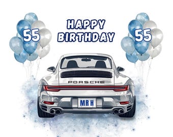 CUSTOM DIGITAL DOWNLOAD Porsche Sports Car Birthday Card: Custom Name & Age, Made to Order