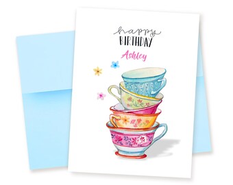 Personalized Teacups Birthday Card: Watercolor Tea Time Party