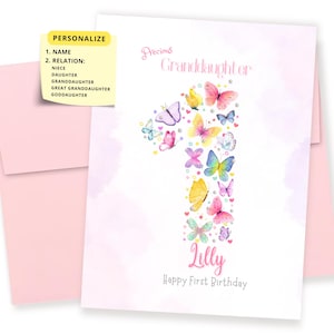 ANY RELATION Personalized First Birthday Card, 1st Birthday Card, Butterfly Birthday Card, One Year Old Baby Girl Pink Birthday Card