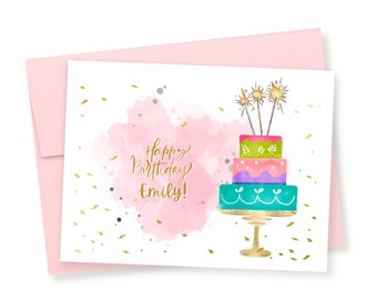 Personalized Sparkling Birthday Card, Card For Her, Cake Birthday Card, Gold Birthday Card, Pretty Birthday Card, Elegant Birthday Card