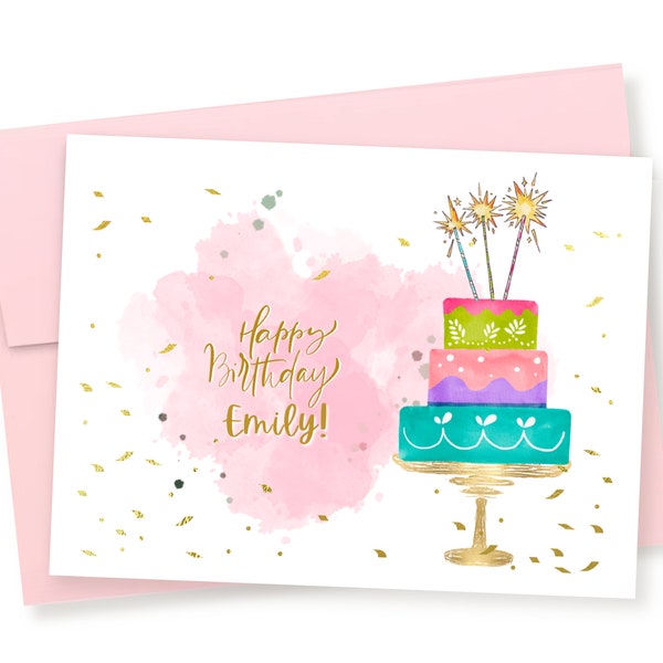 Personalized Sparkling Birthday Card, Card For Her, Cake Birthday Card, Gold Birthday Card, Pretty Birthday Card, Elegant Birthday Card