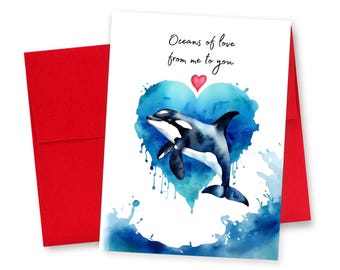 Orca Killer Whale Watercolor Greeting Card, Oceans of Love Card