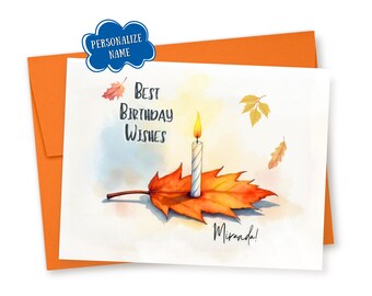 Personalized Watercolor Autumn Leaf with Birthday Candle: Custom Fall Season Greeting Card