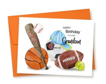 ANY AGE, Personalized Grandson Birthday Card, Sports Birthday Card, Baseball, Basketball, Football, Card From Grandma, Card From Grandparent