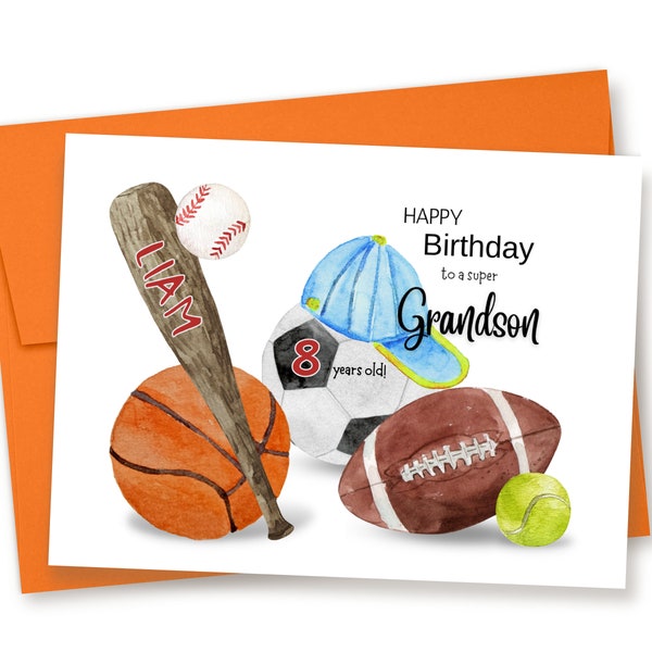 ANY AGE, Personalized Grandson Birthday Card, Sports Birthday Card, Baseball, Basketball, Football, Card From Grandma, Card From Grandparent