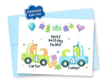 Personalized Twins Happy Birthday Card: Watercolor Twin Dinosaurs Driving Cars, Custom Name & Age