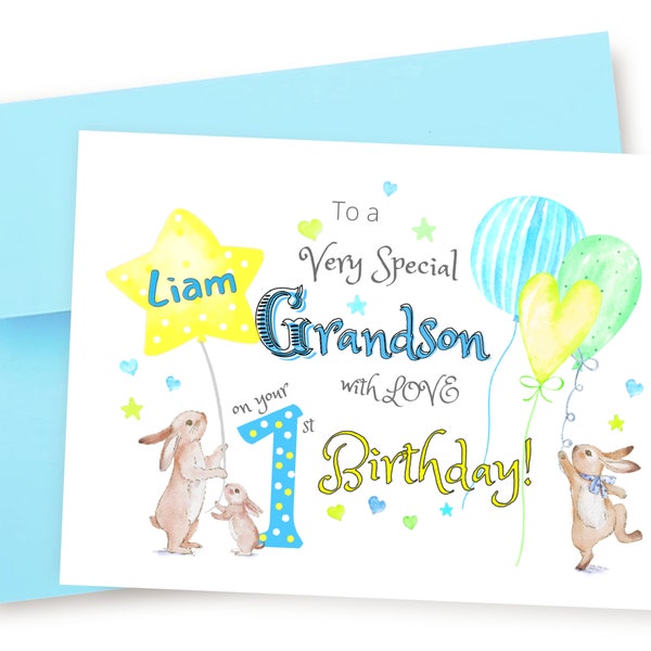 ANY AGE Personalized Grandson Birthday Card, Boy Birthday Card, Bunnies, Grandson 1st Birthday, 2nd Birthday, Grandson, From Grandparent