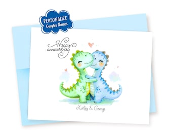 Personalized Watercolor Dinosaurs Happy Anniversary Card: Couples Card, Custom Names