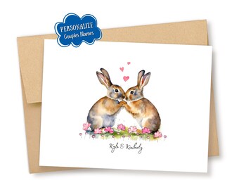 Personalized Watercolor Bunny Rabbit Couple in Love, Anniversary, Engagement, or Wedding Card