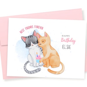 Personalized Best Friend Birthday Card, Kittens Birthday Card, BFF Birthday Card, Card For Friend, Cute Birthday Card, Kittens, Cupcake