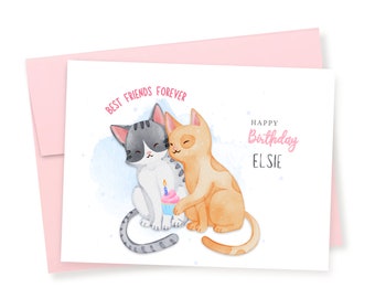 Personalized Best Friend Birthday Card, Kittens Birthday Card, BFF Birthday Card, Card For Friend, Cute Birthday Card, Kittens, Cupcake