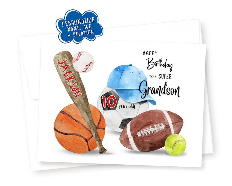 Personalized Sports Birthday Card: Custom Name, Age, & Relation White Envelope