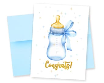 New Baby Boy Congrats Card: Watercolor Baby Bottle with Blue Bow