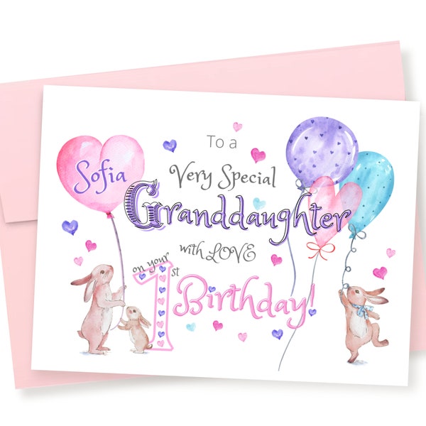 ANY AGE Personalized Granddaughter Birthday Card, Cute Birthday Card, Bunnies, Balloons, Hearts, 1st Birthday, 2nd Birthday, Granddaughter