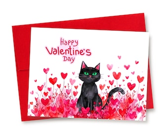 Watercolor Black Cat Happy Valentine's Day Greeting Card: Love Hearts